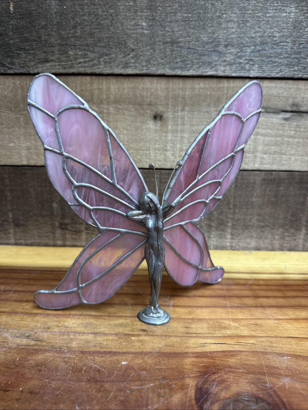 Flaw-Vintage Lead Pewter Fairy with Pink Stained Glass Wings -read